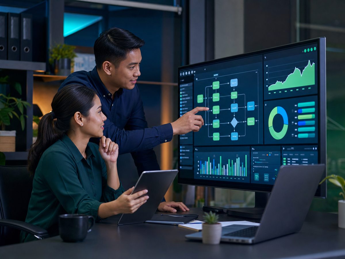 Professionals reviewing business dashboards together