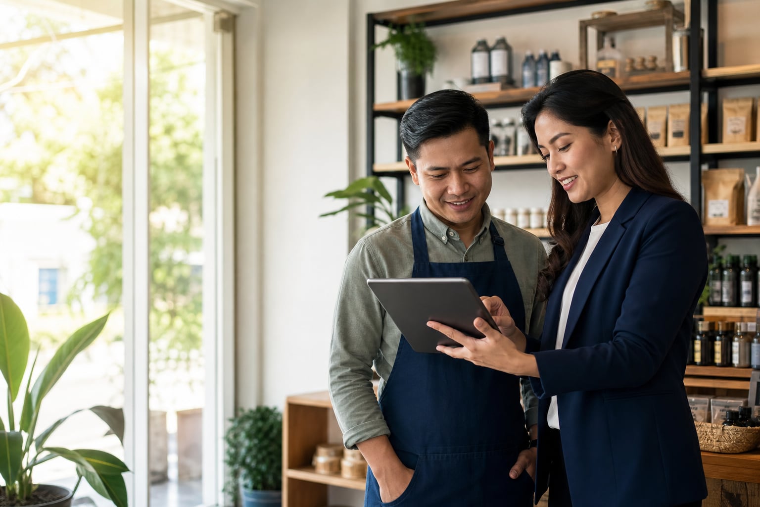 Advisor helping a business owner use connected technology